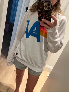 Aviator Nation White Crewneck with Blue Logo & Rainbow Stripes